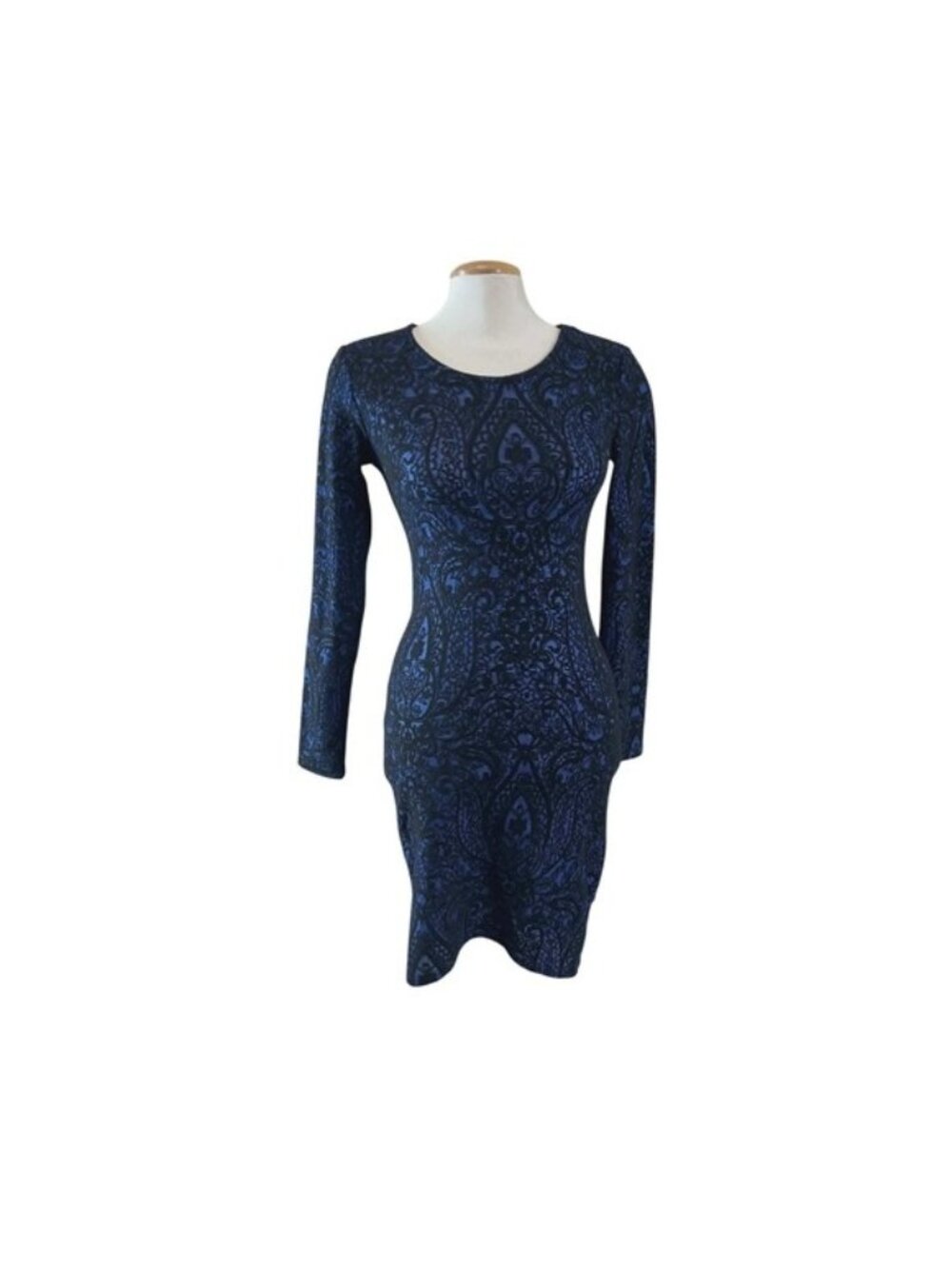 Blue Black Paisley Damask Long‎ Sleeve Bodycon Sheath Dress Womens whimsigoth